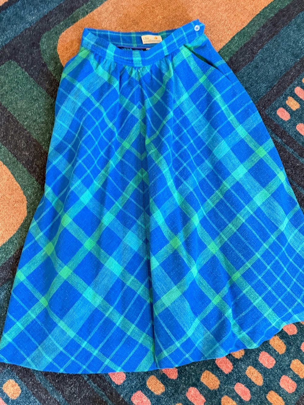 1980s Liz Claiborne Vibrant Blue and Green plaid A-Line Skirt